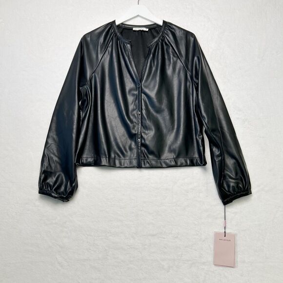 AVEC LES FILLES Faux Leather Raglan Sleeve Blouse Black Vegan Sz M NWT - Picture 2 of 7
